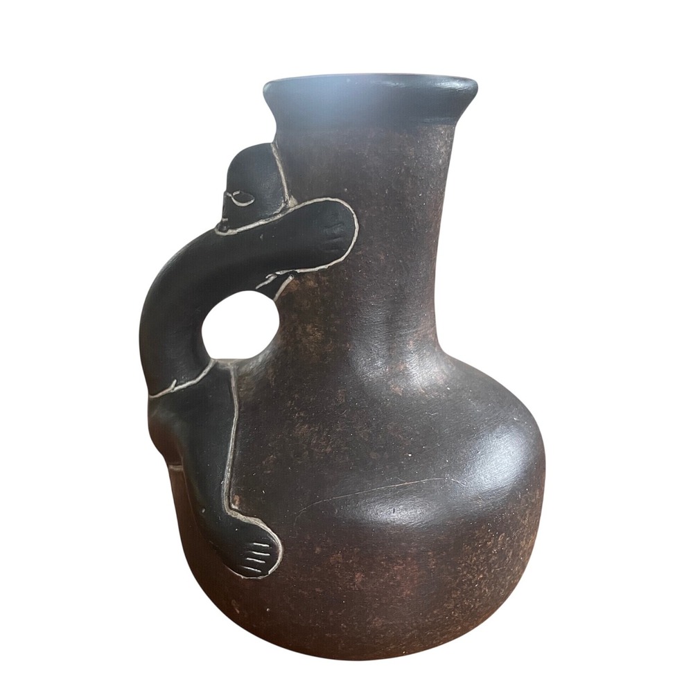 Vintage Mexican Folk Art Monkey Handle Pottery Vase Black Clay Green Glaze 5.5" - Picture 2 of 8
